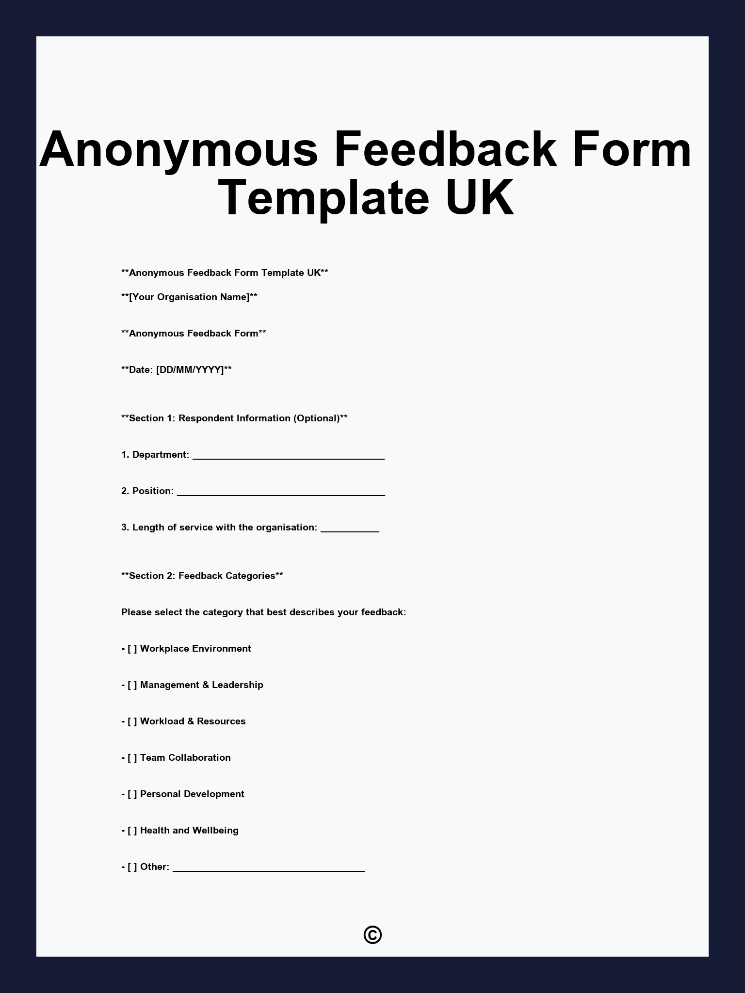Anonymous Feedback Form Template UK