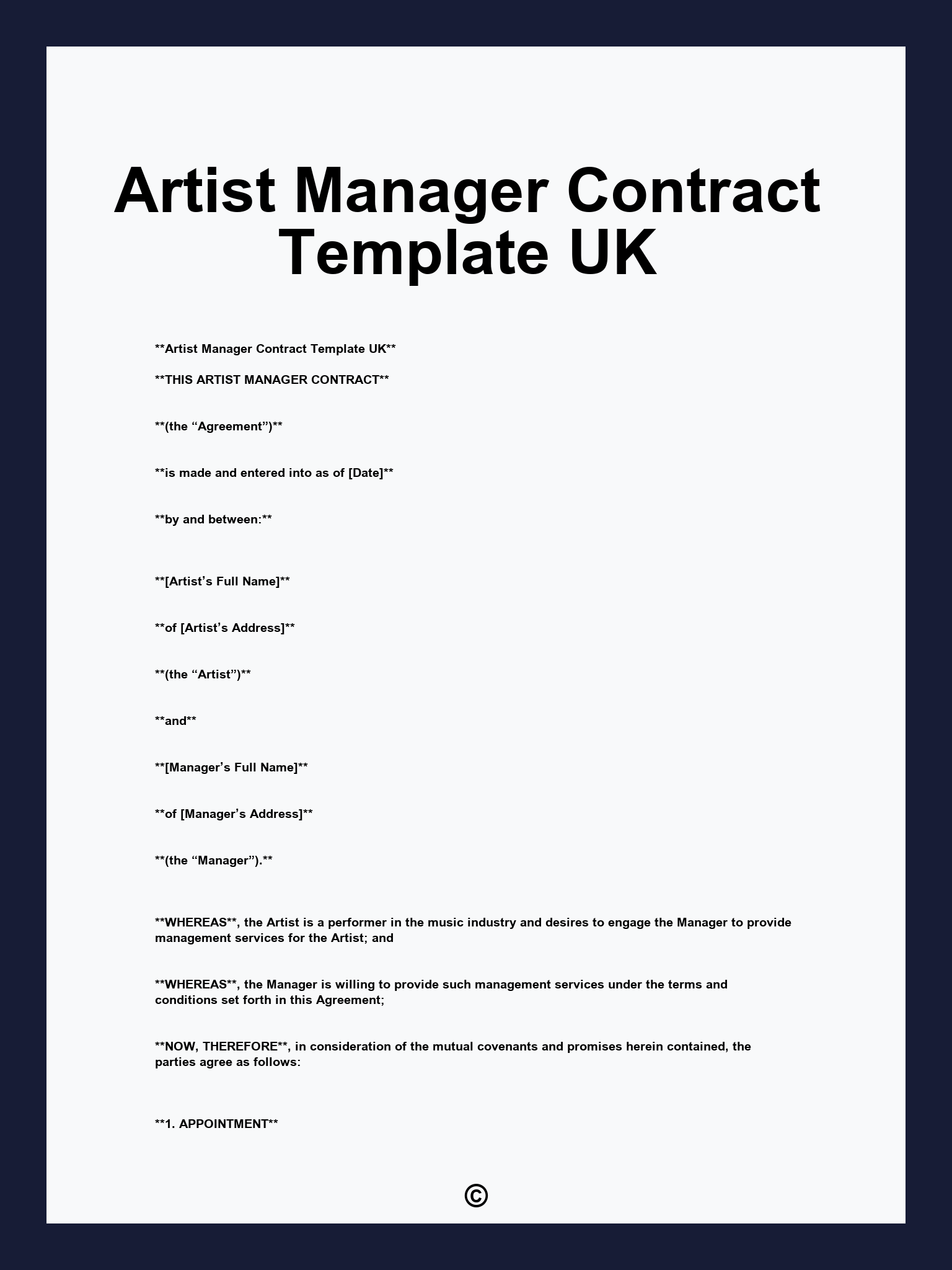 Artist Manager Contract Template UK