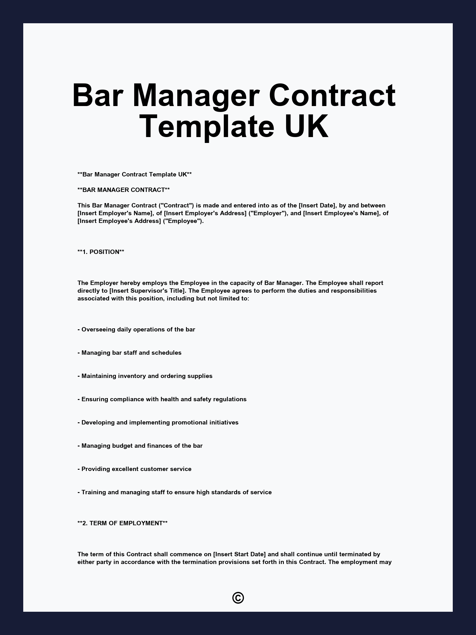 Bar Manager Contract Template UK