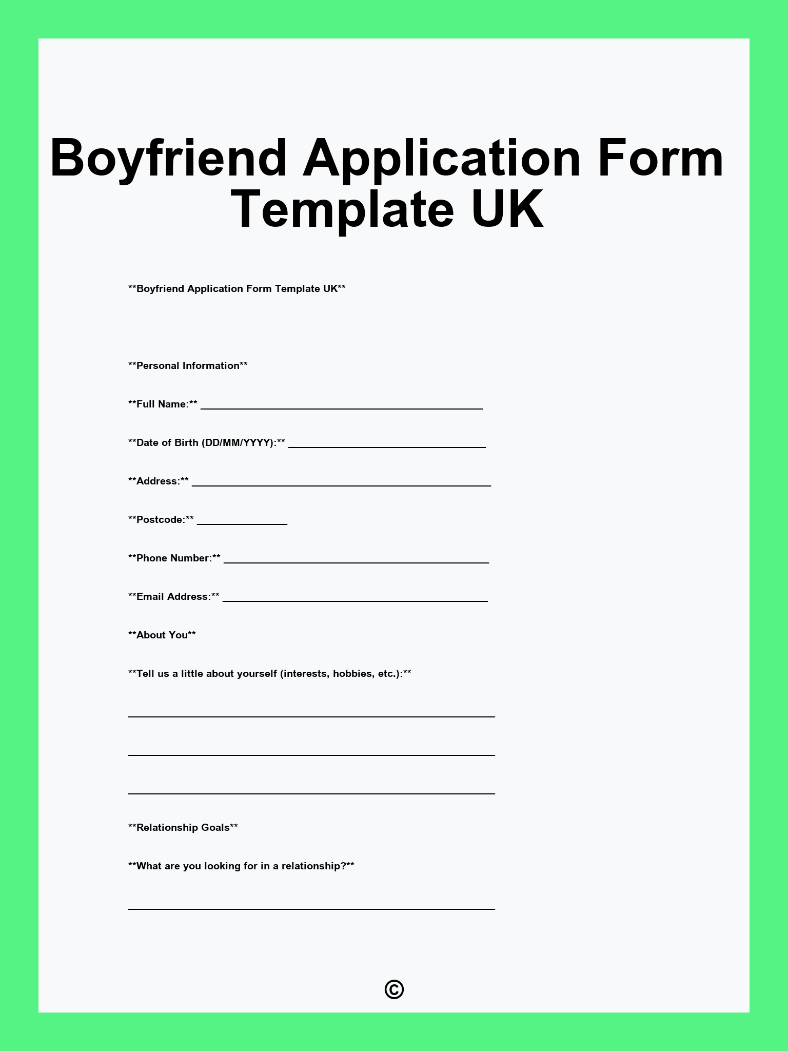 Boyfriend Application Form Template UK