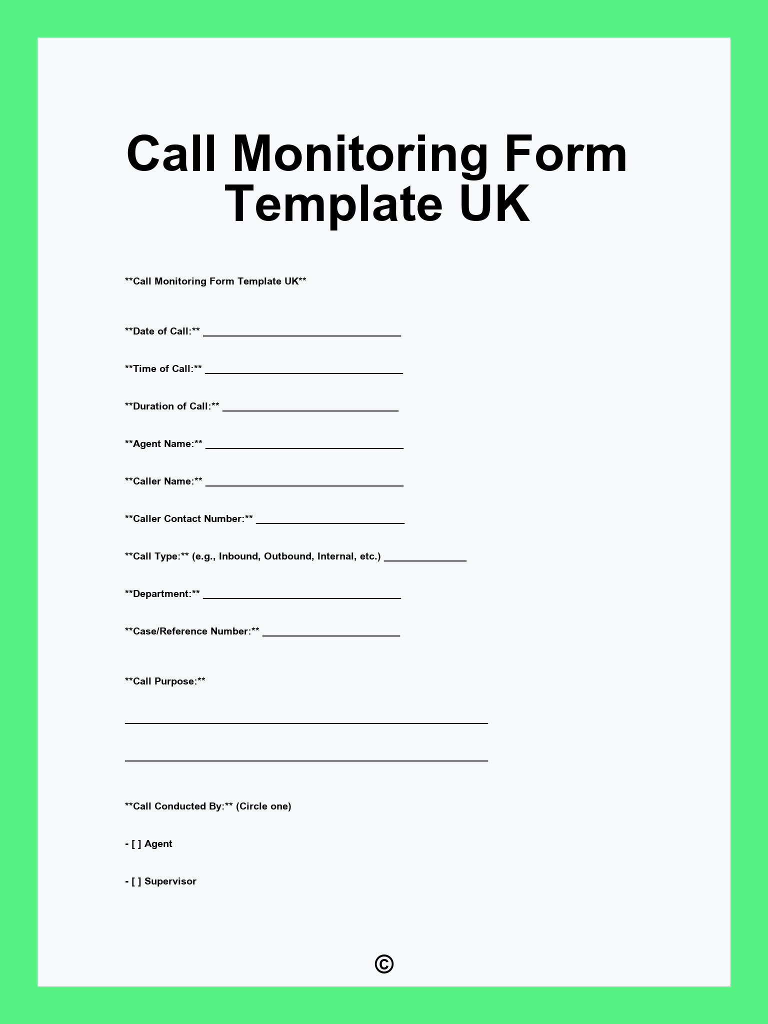 Call Monitoring Form Template UK