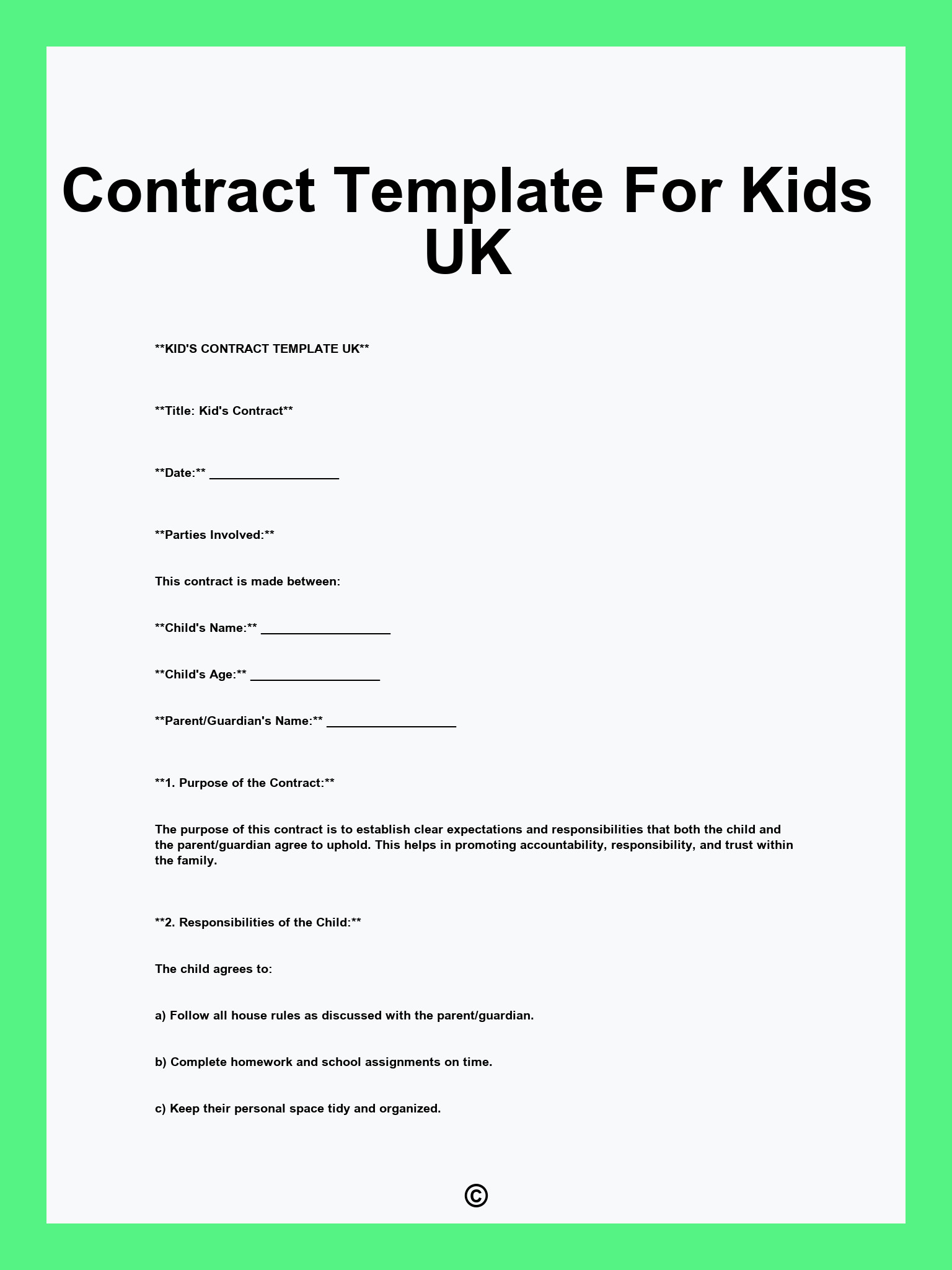 Contract Template For Kids UK