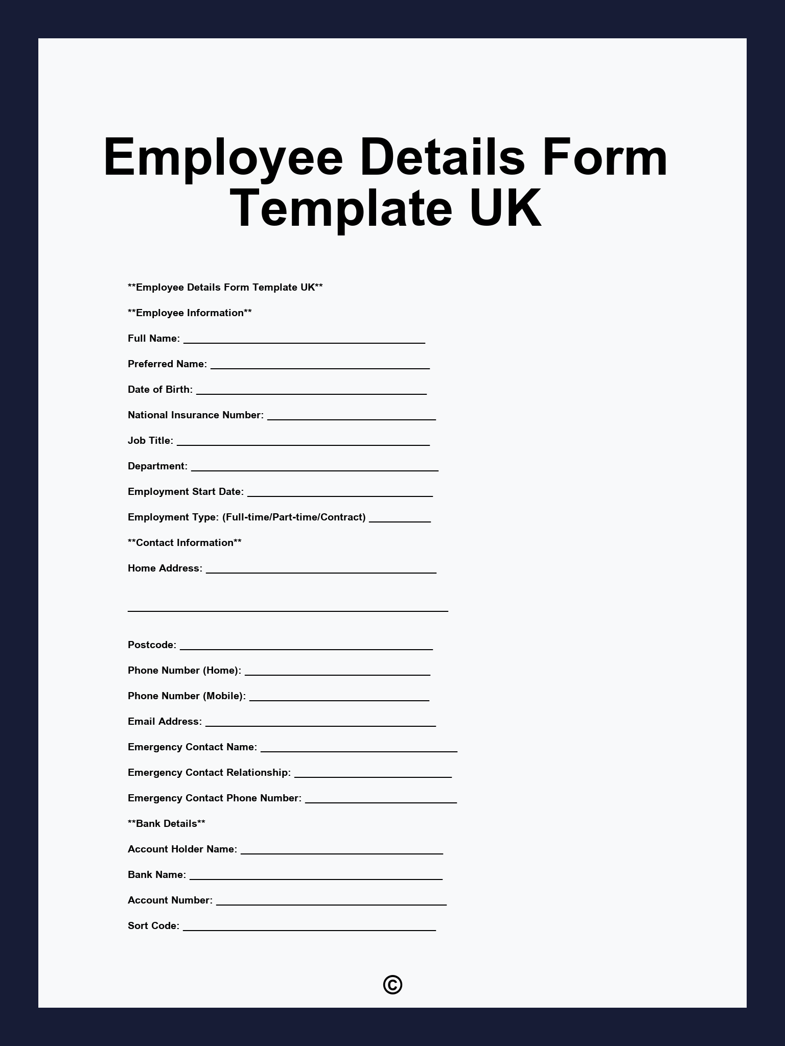 Employee Details Form Template UK