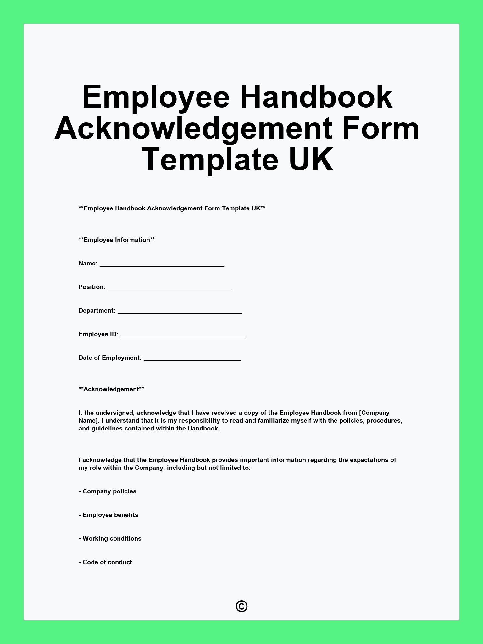 Employee Handbook Acknowledgement Form Template UK