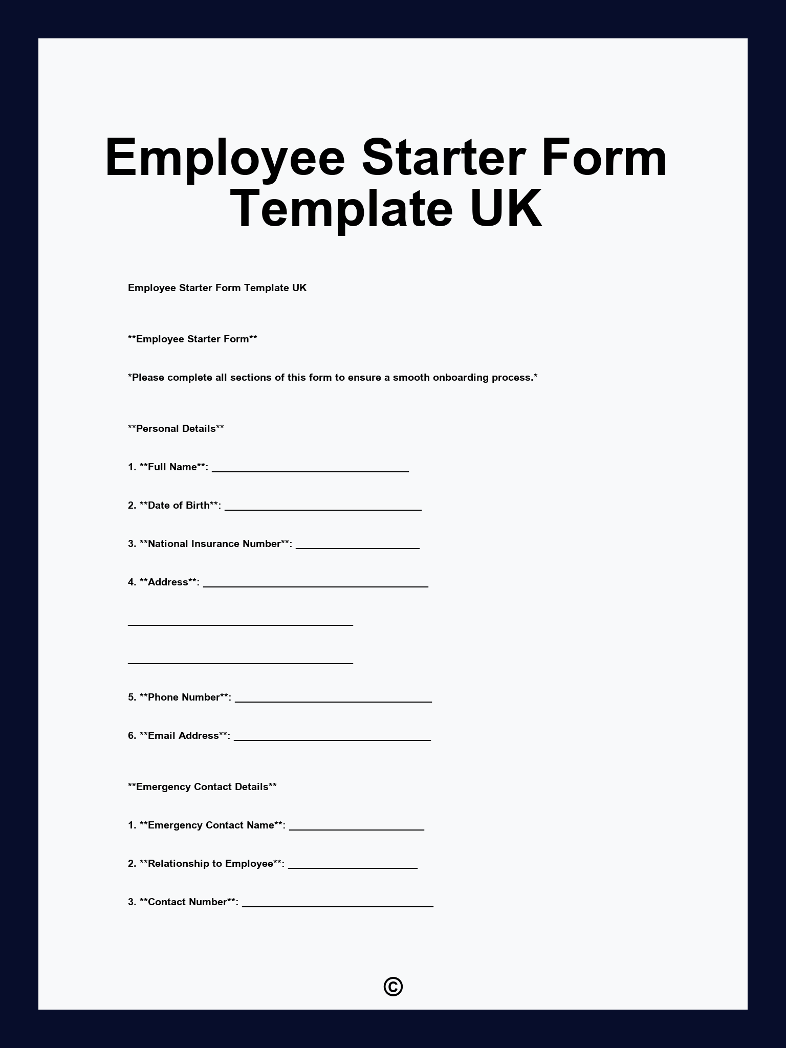 Employee Starter Form Template UK