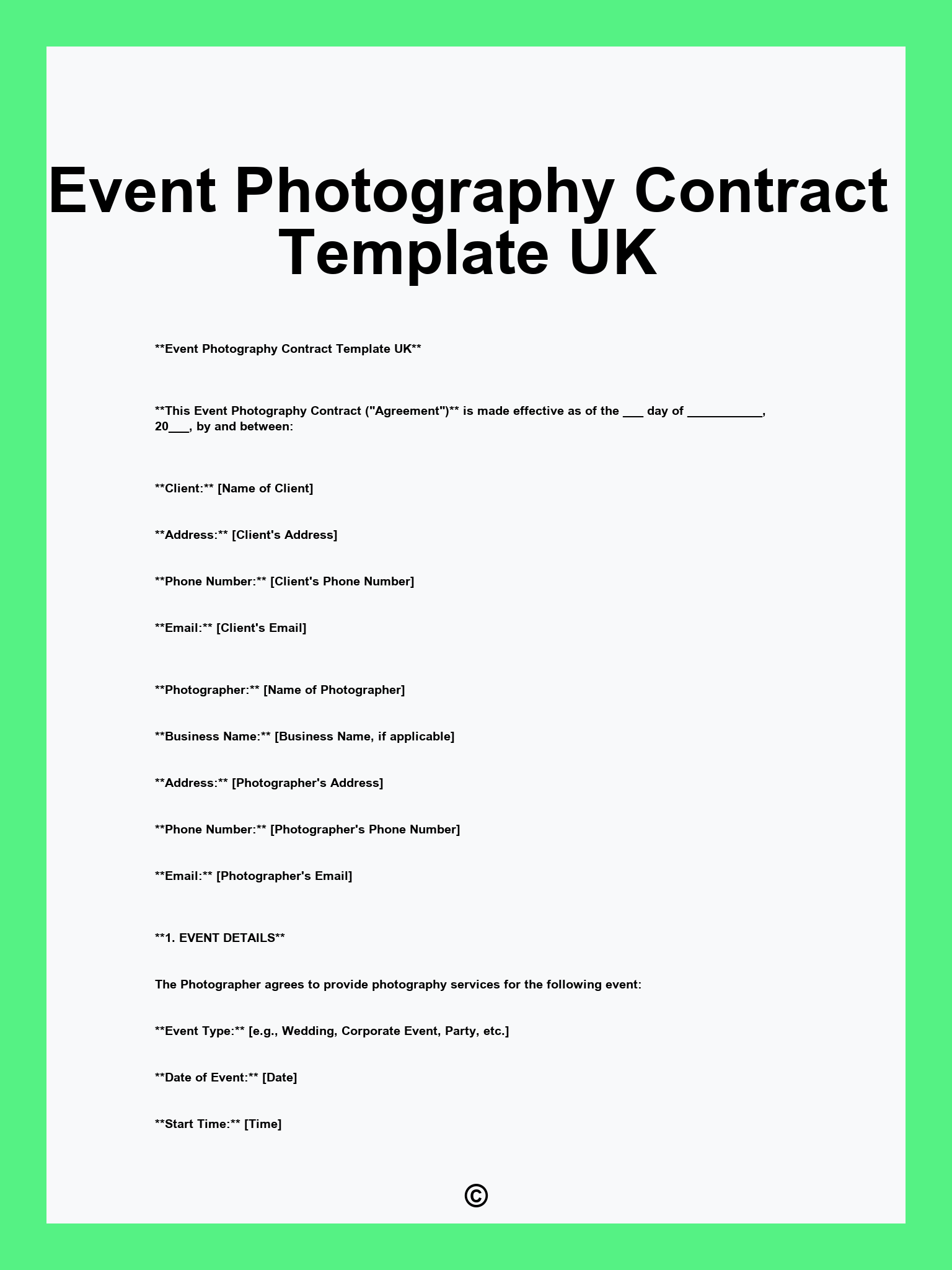 Event Photography Contract Template UK