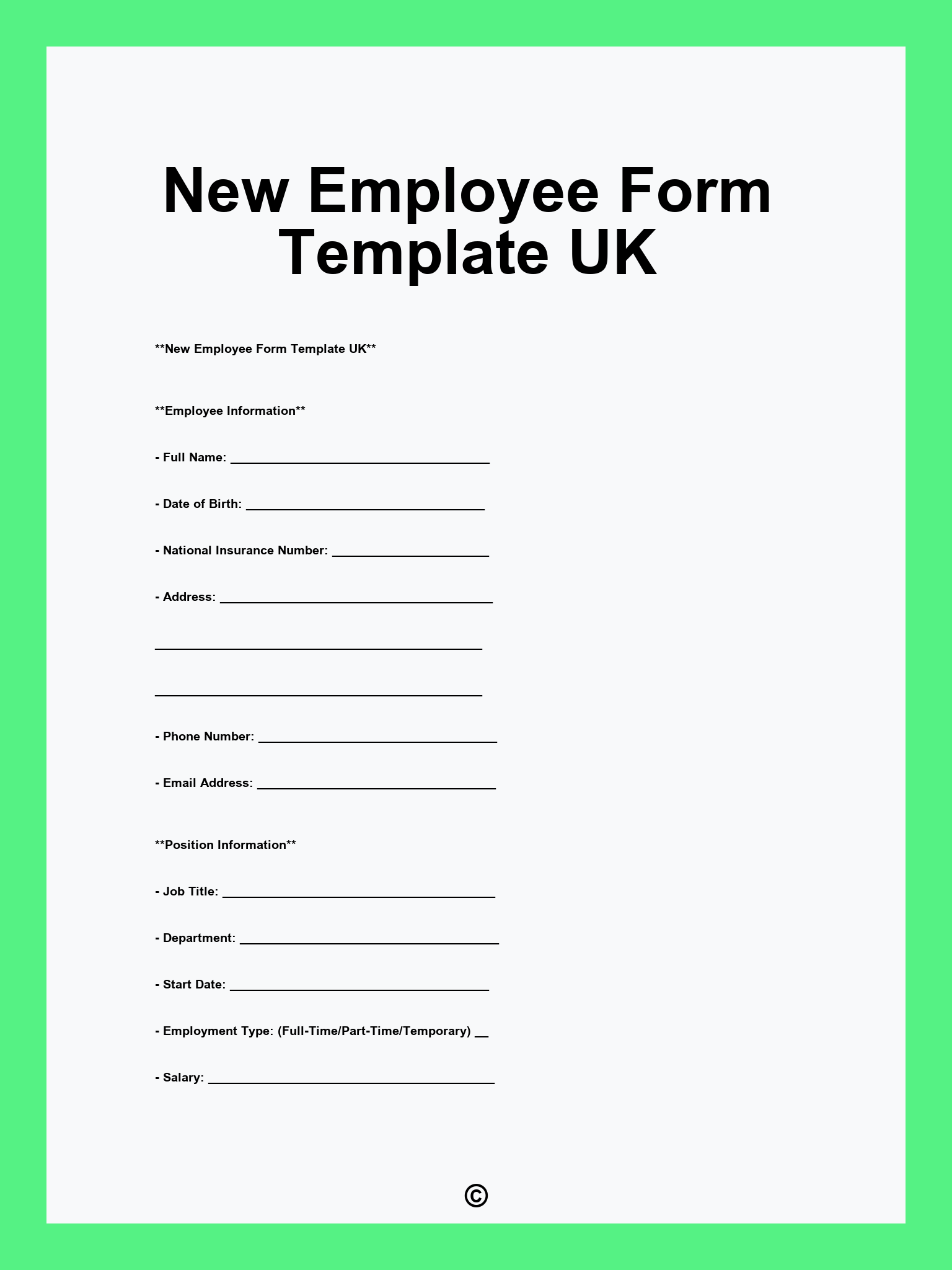 New Employee Form Template UK