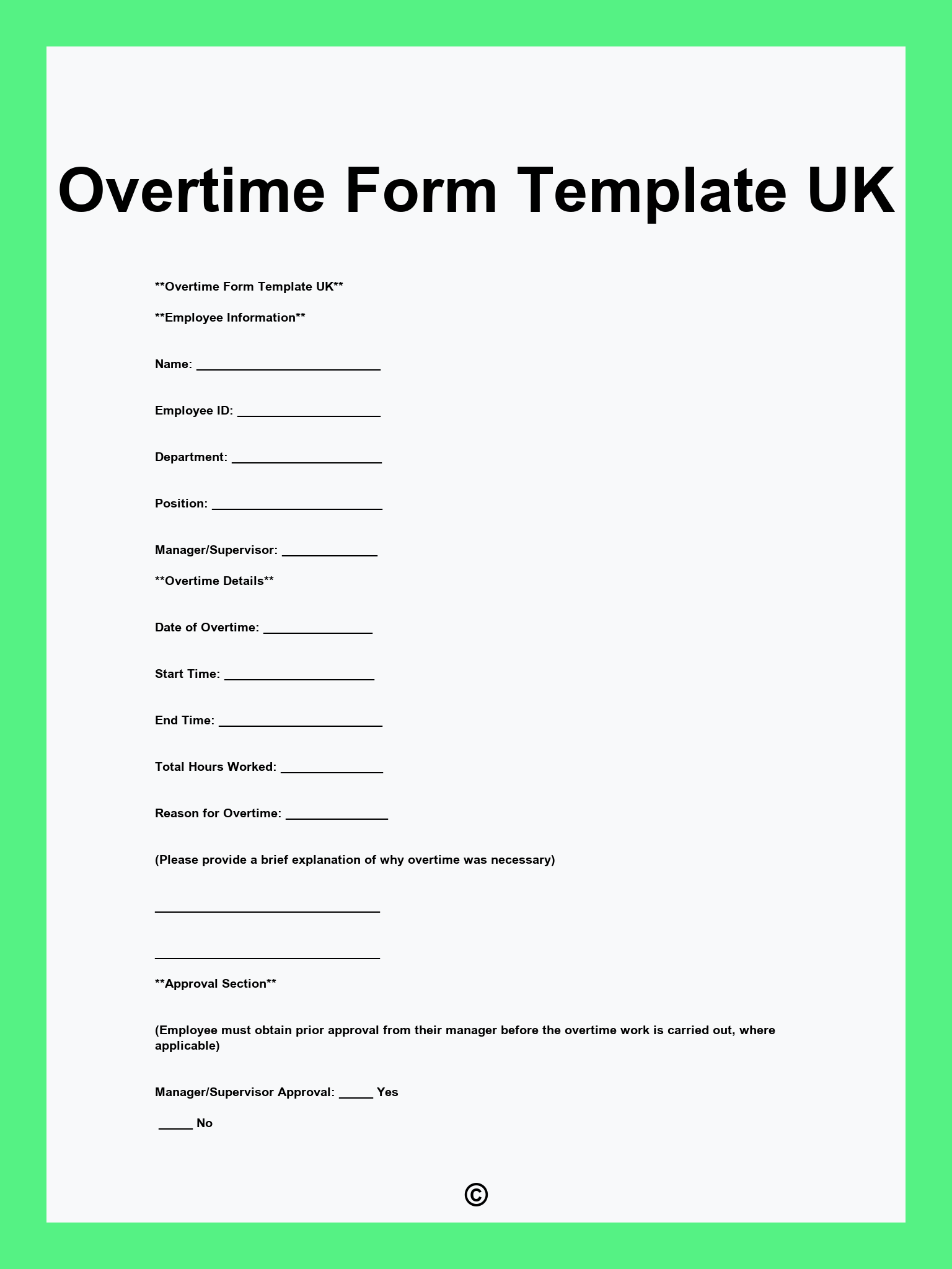 Overtime Form Template UK
