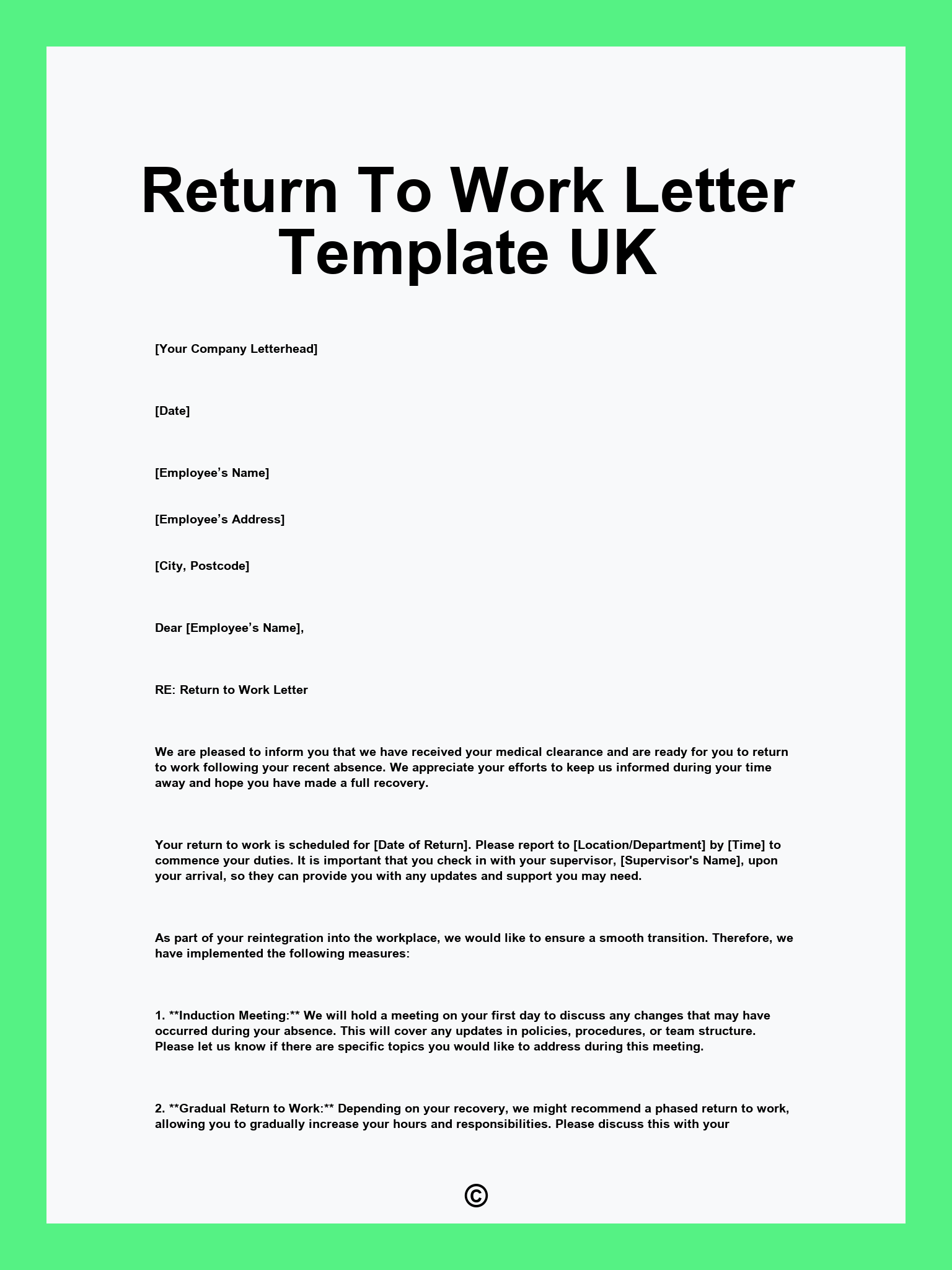 Return To Work Letter Template UK