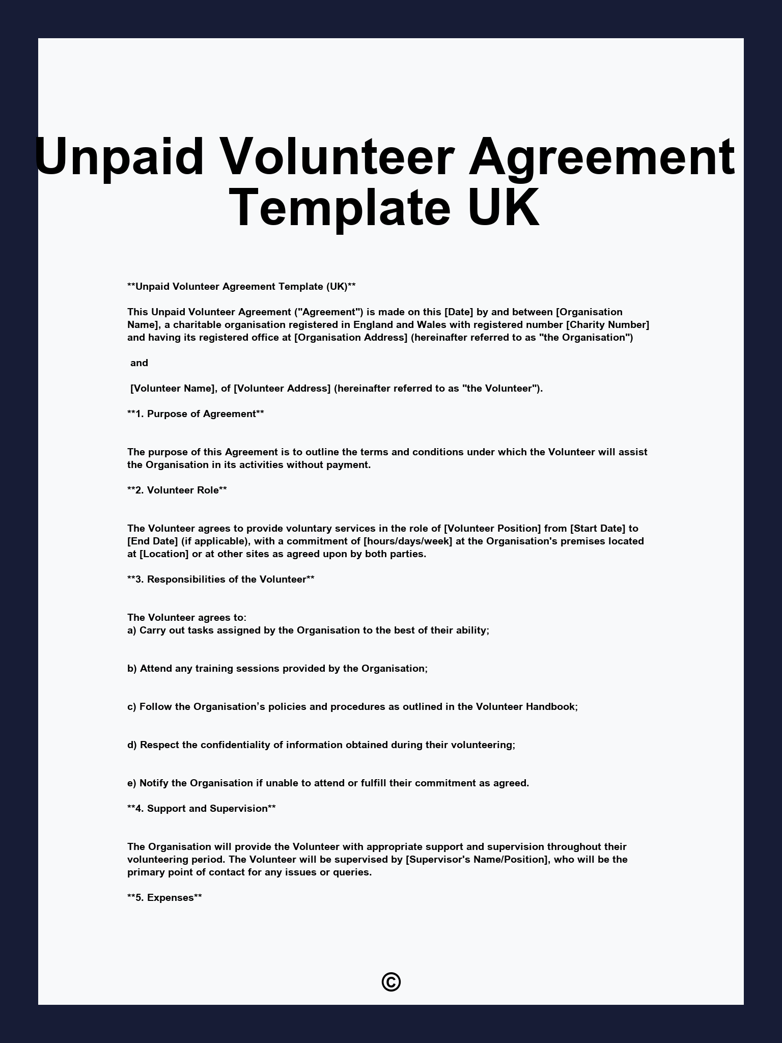 Unpaid Volunteer Agreement Template UK